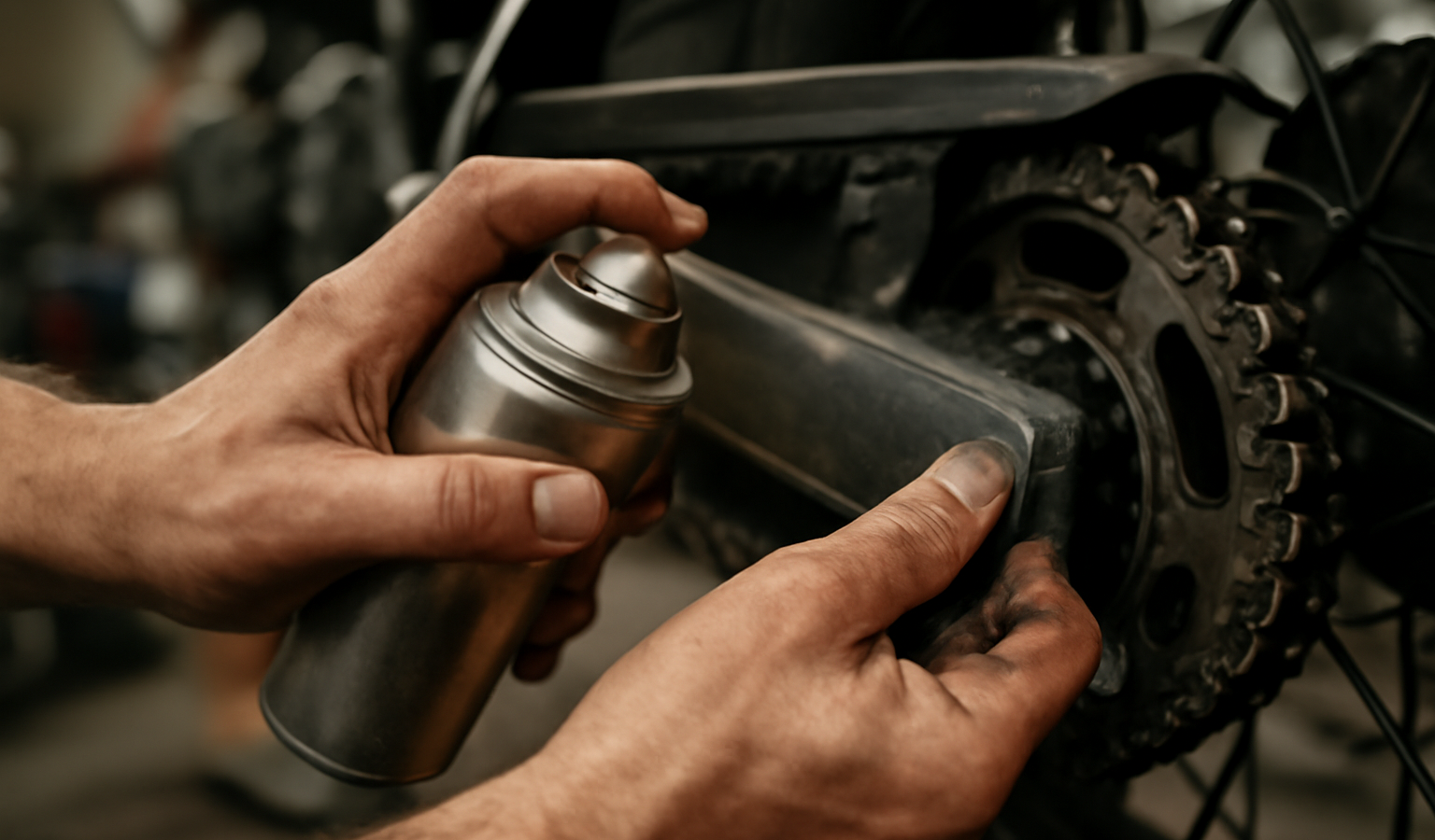 mains lubrifiant chaîne de moto au garage