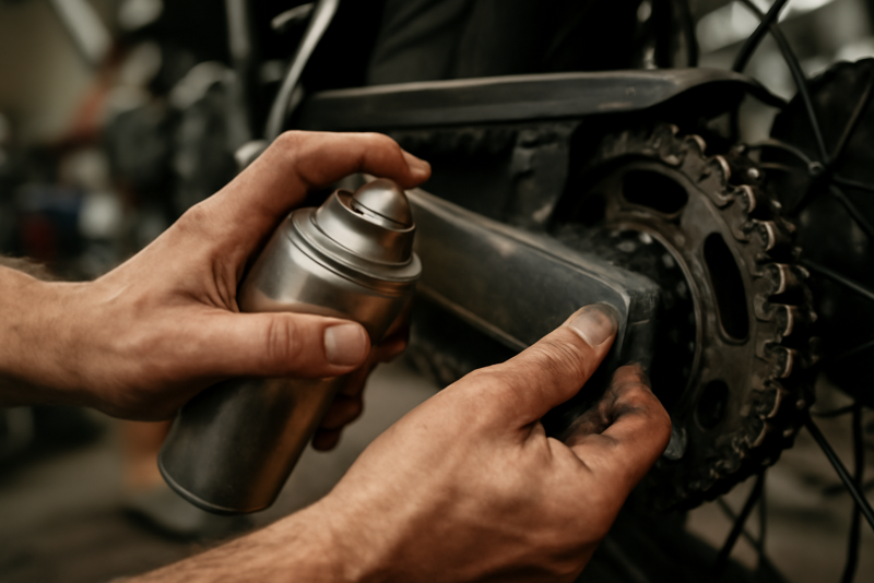 mains lubrifiant chaîne de moto au garage