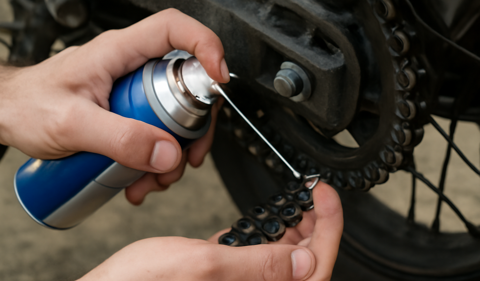 mains lubrifiant la chaine d'une moto