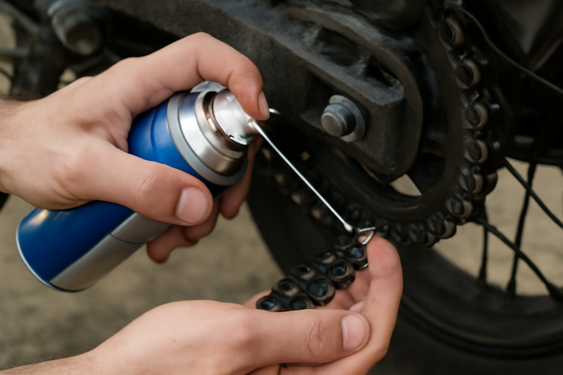 mains lubrifiant la chaine d'une moto