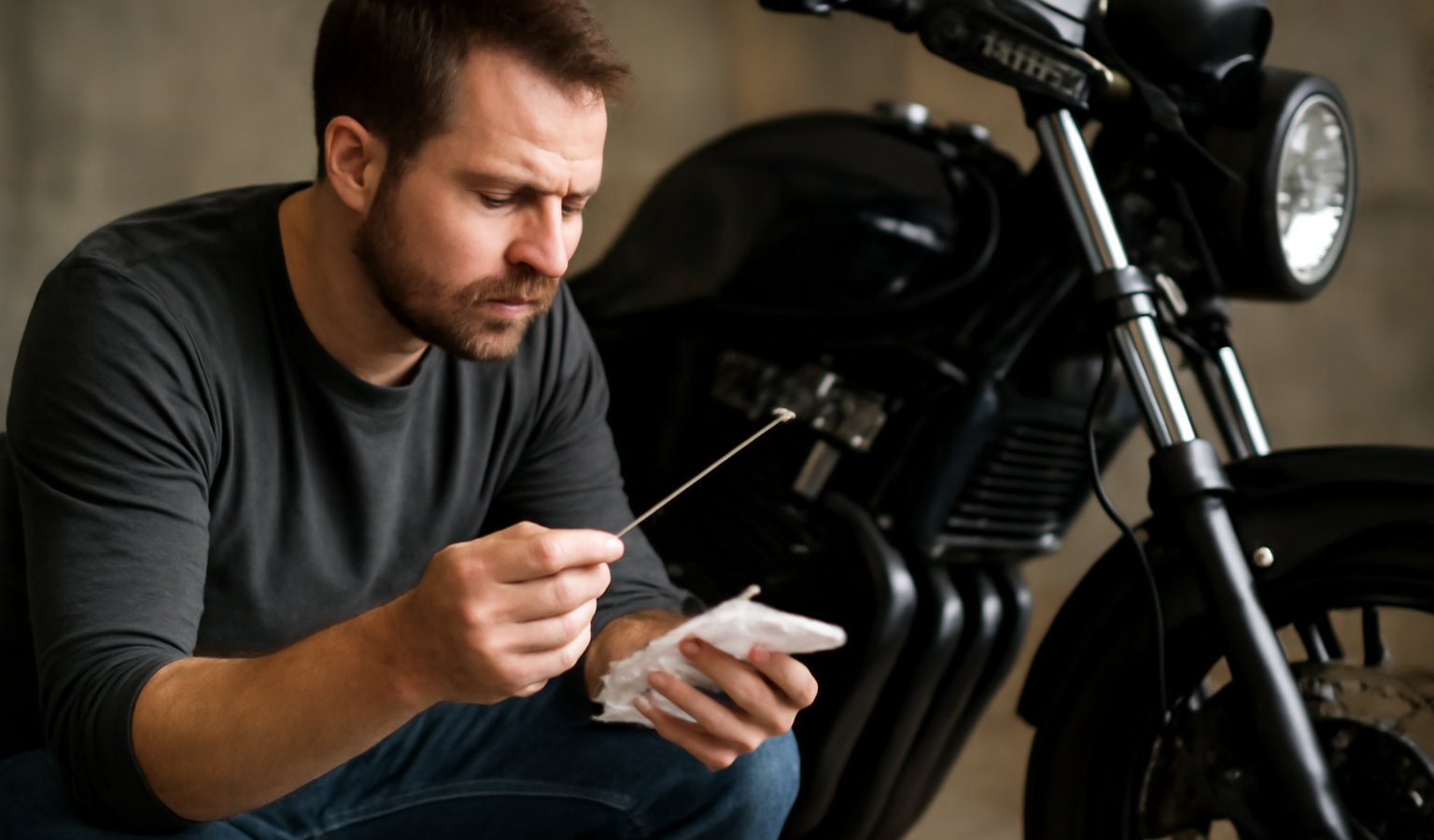 propriétaire vérifiant niveau d'huile sur moto