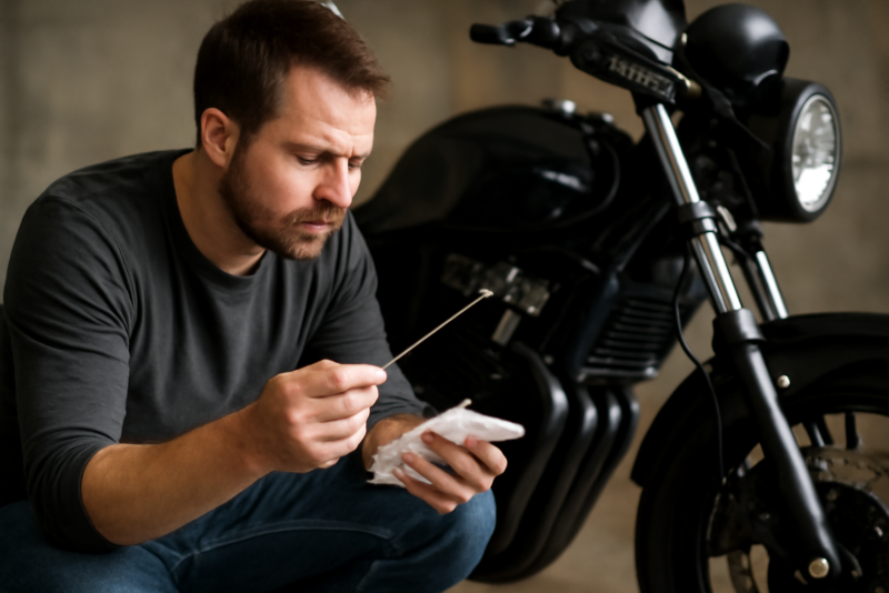 propriétaire vérifiant niveau d'huile sur moto