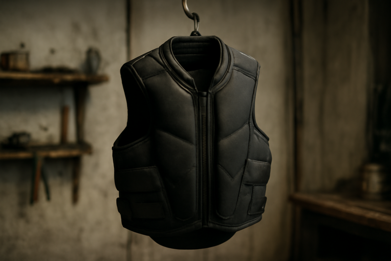 gilet airbag moto suspendu dans atelier