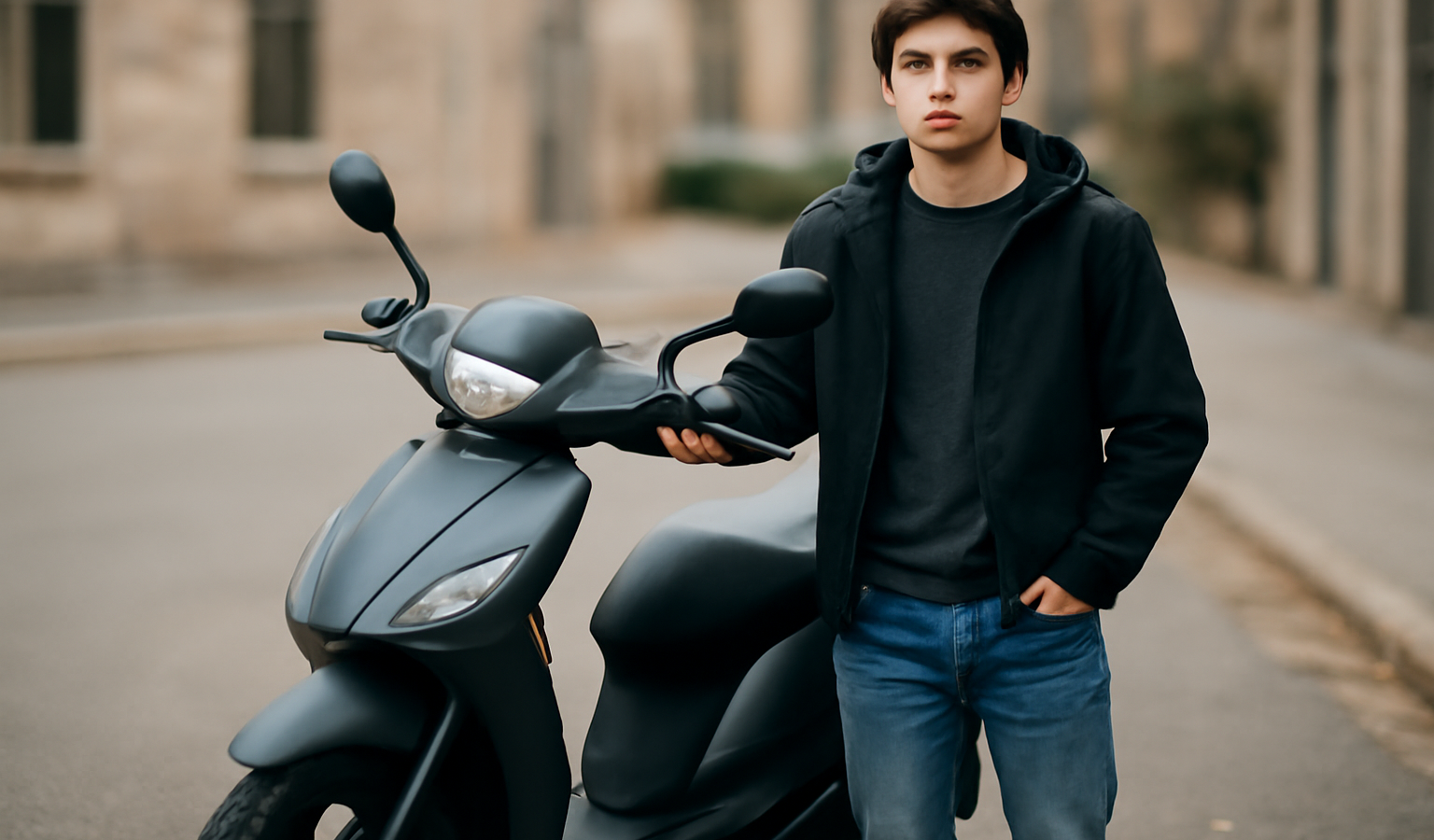 jeune conducteur debout pres d'un scooter