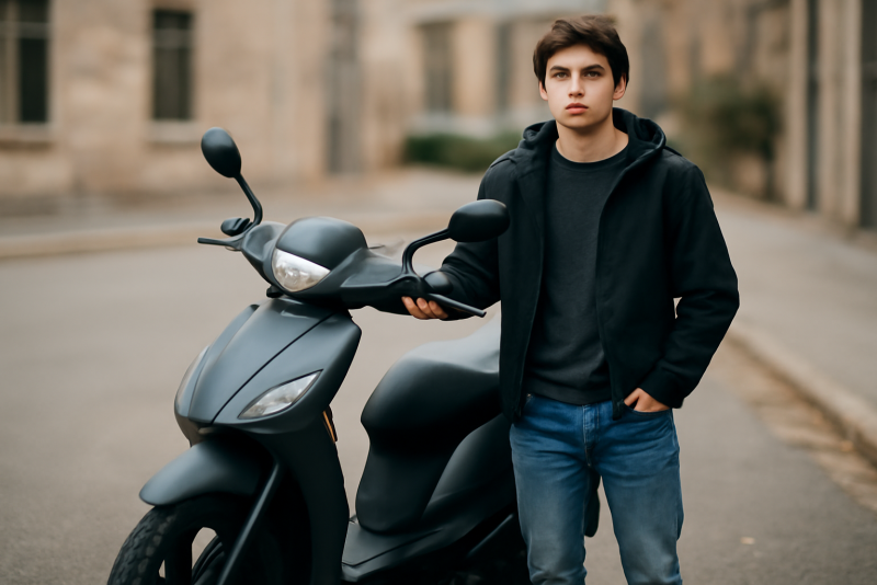 jeune conducteur debout pres d'un scooter