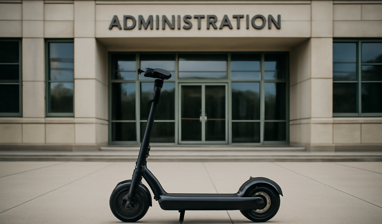 scooter électrique garé devant bâtiment administratif