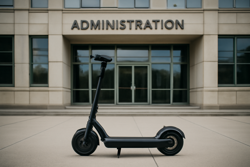 scooter électrique garé devant bâtiment administratif