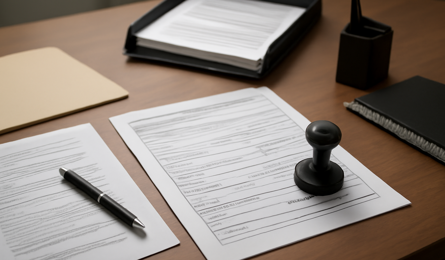 bureau administratif avec formulaires et timbre