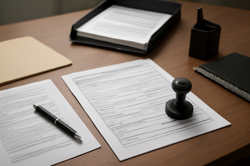 bureau administratif avec formulaires et timbre