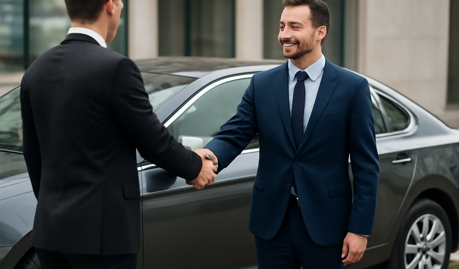 representant serrant main devant voiture de société