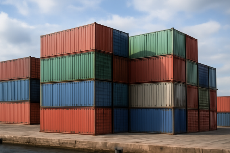 conteneurs empiles sur un quai portuaire