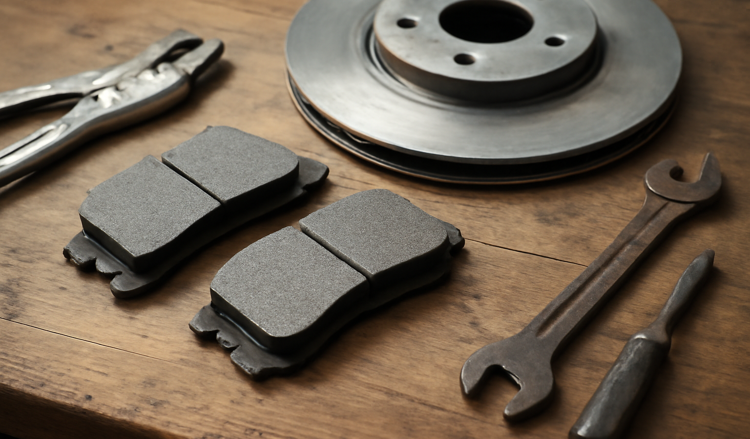 plaquettes de frein et outils posés sur établi