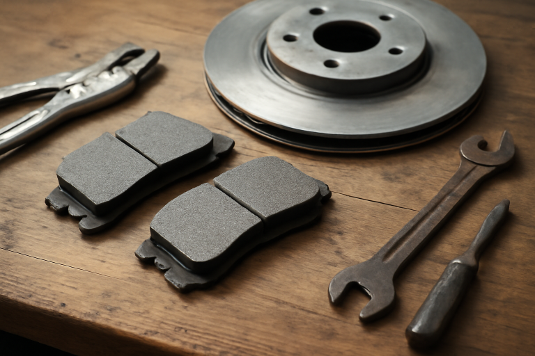plaquettes de frein et outils posés sur établi