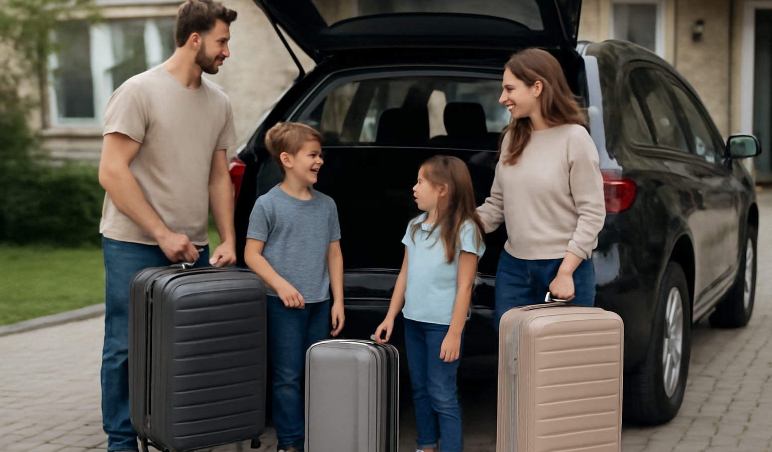 famille charge valises devant coffre ouvert