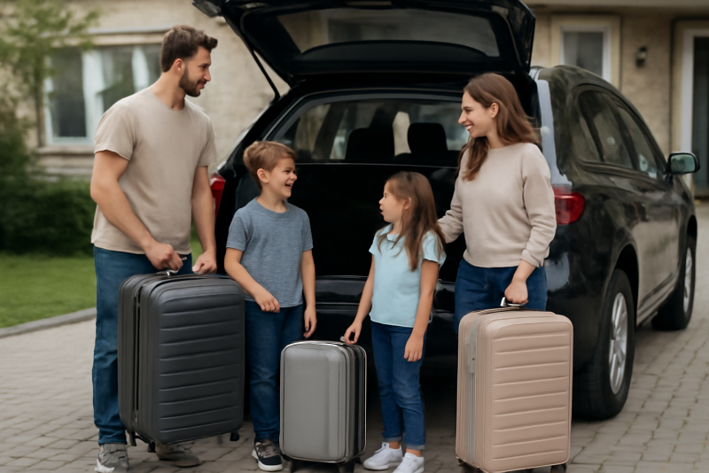 famille charge valises devant coffre ouvert