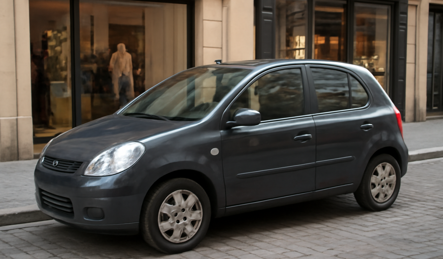 petite voiture garée rue commerçante