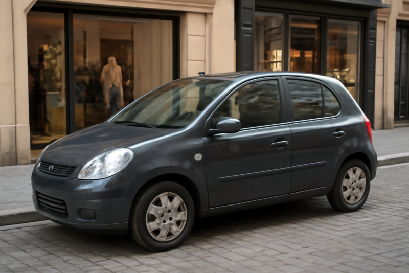 petite voiture garée rue commerçante