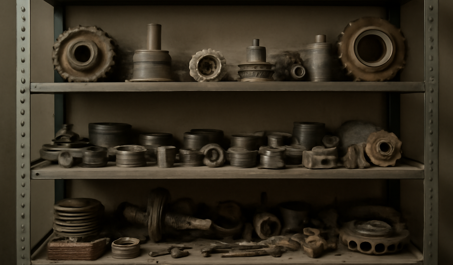 étagère d'atelier remplie de pièces détachées