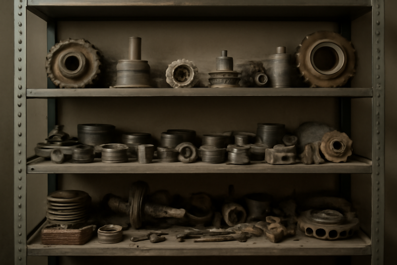étagère d'atelier remplie de pièces détachées