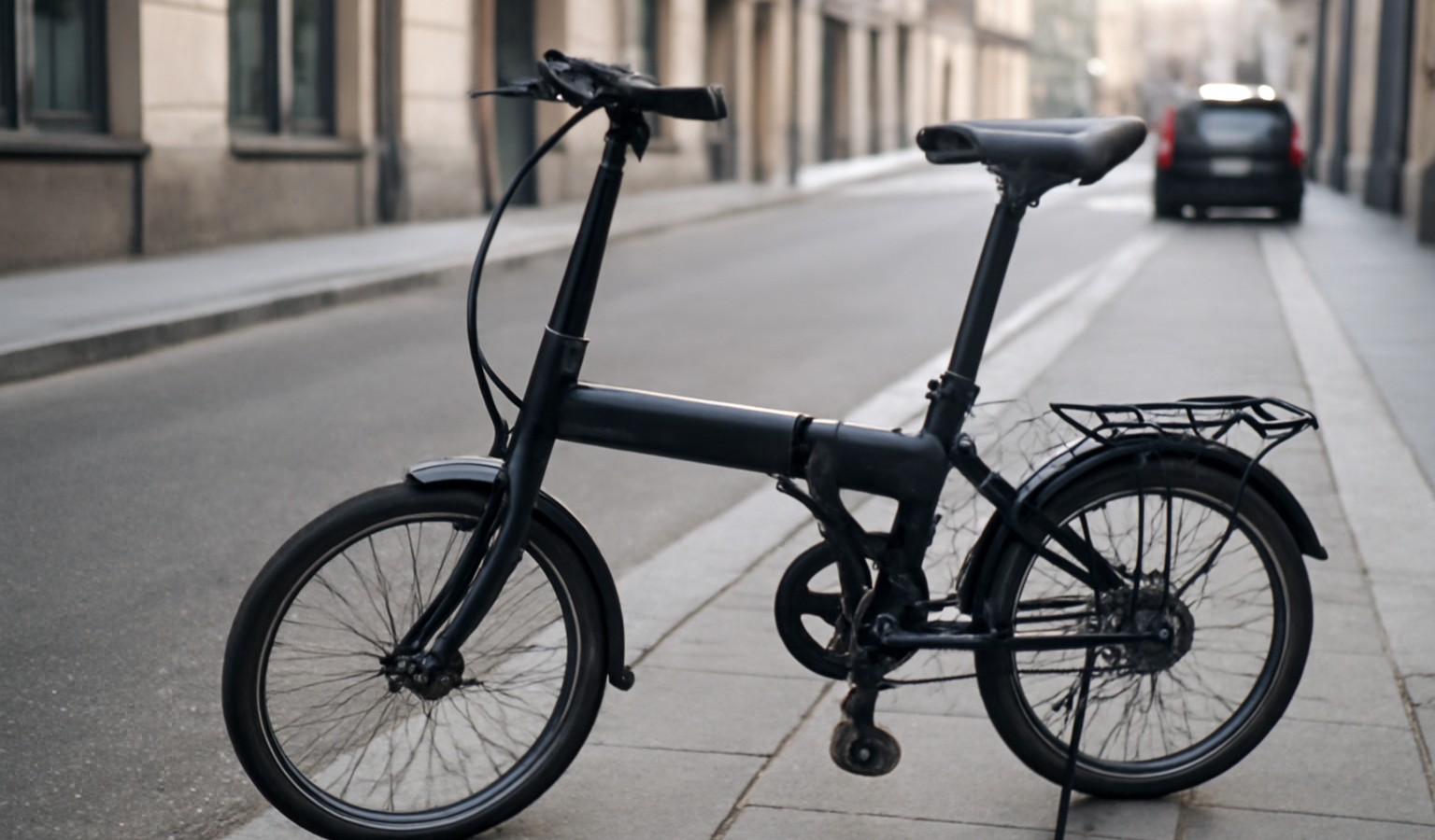 vélo pliant posé sur trottoir urbain