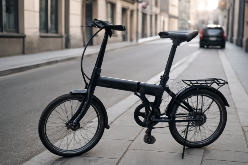 vélo pliant posé sur trottoir urbain
