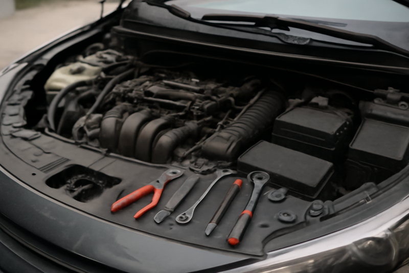 capot ouvert avec outils disposes