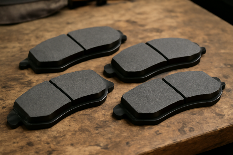 plaquettes de frein neuves sur table atelier
