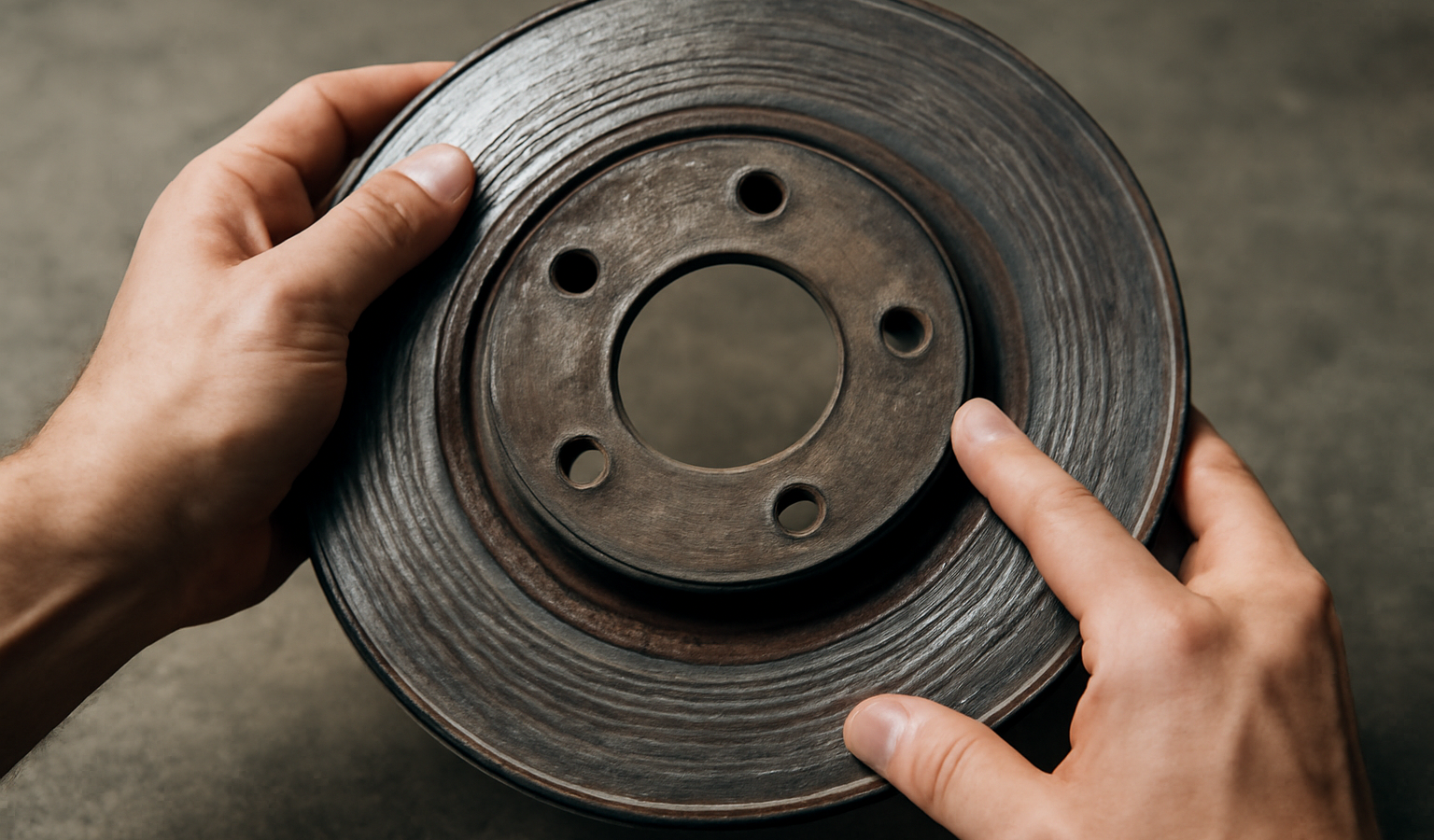 mains examinant un disque de frein use