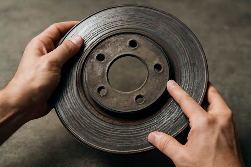 mains examinant un disque de frein use