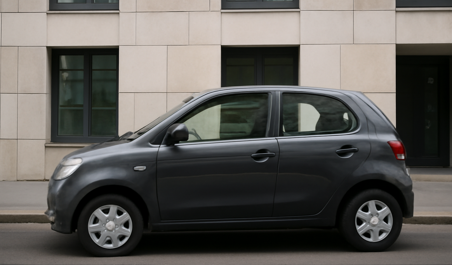 petite voiture compacte garée devant immeuble