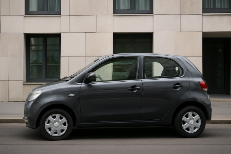 petite voiture compacte garée devant immeuble