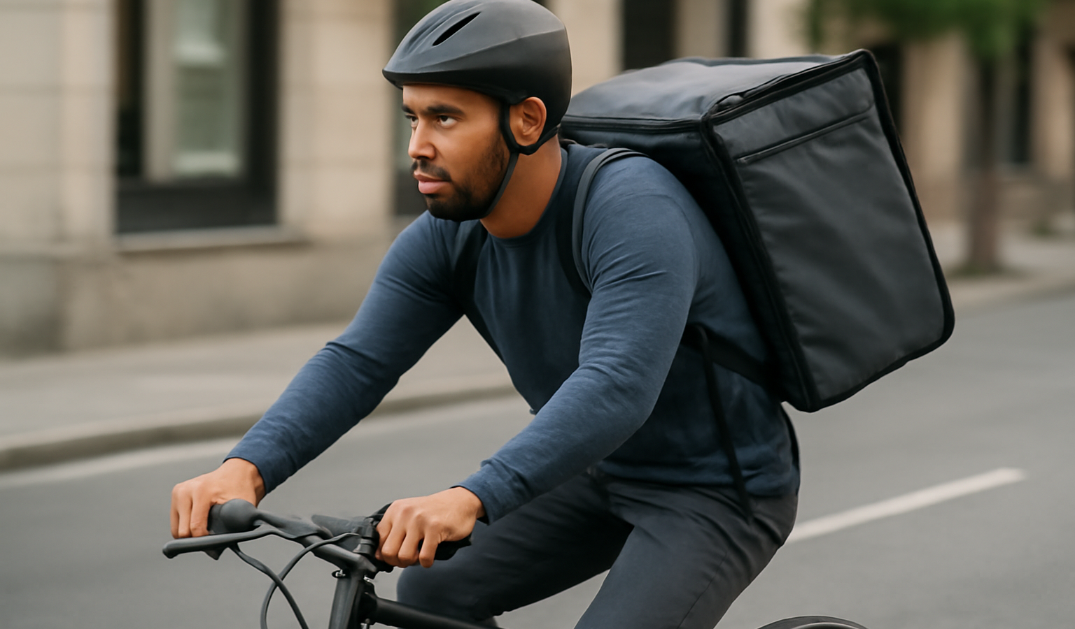livreur à vélo portant sac de livraison
