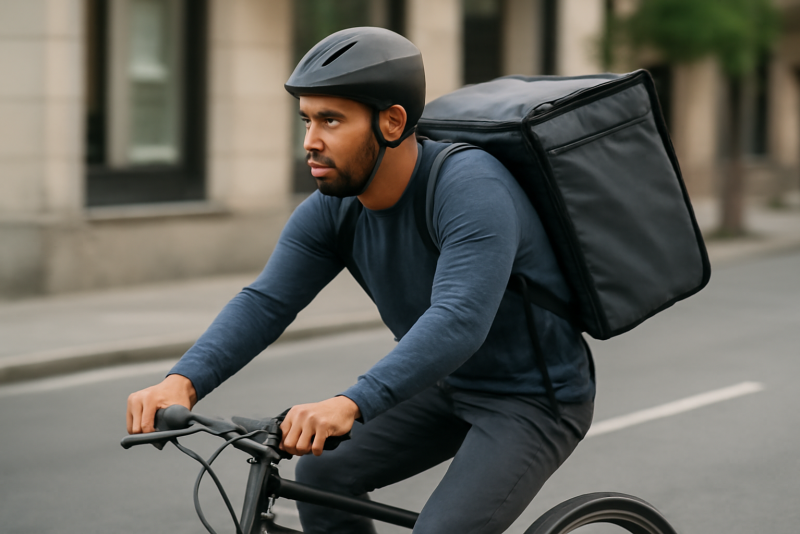 livreur à vélo portant sac de livraison