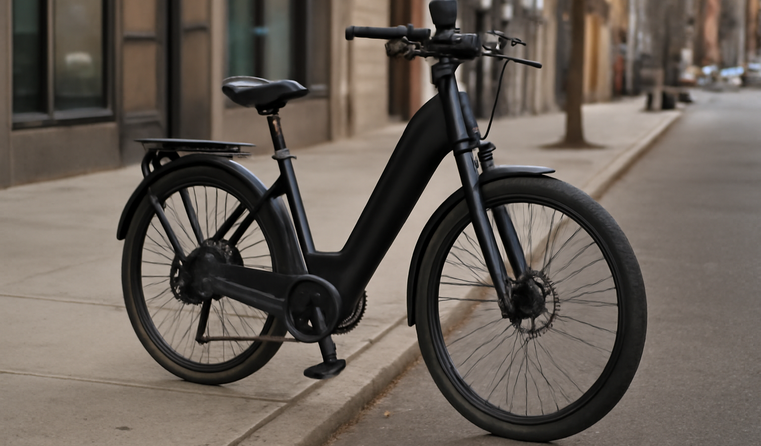 vélo electrique posé sur trottoir urbain
