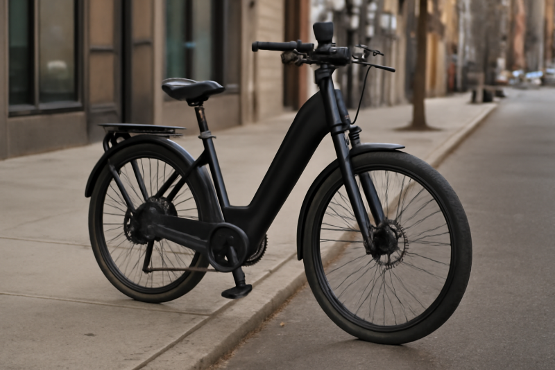 vélo electrique posé sur trottoir urbain