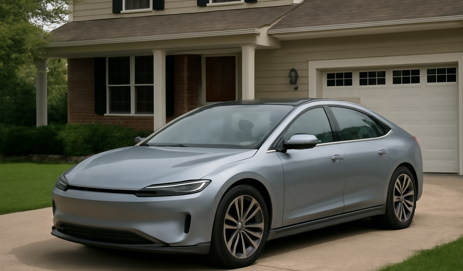 berline electrique garée devant maison familiale