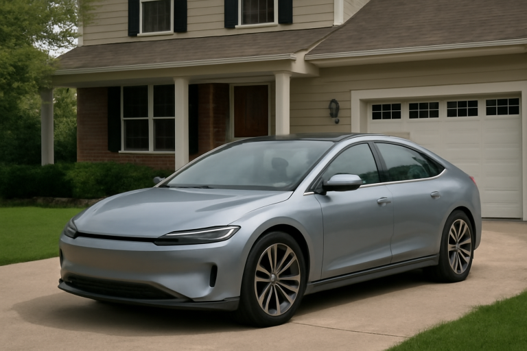 berline electrique garée devant maison familiale