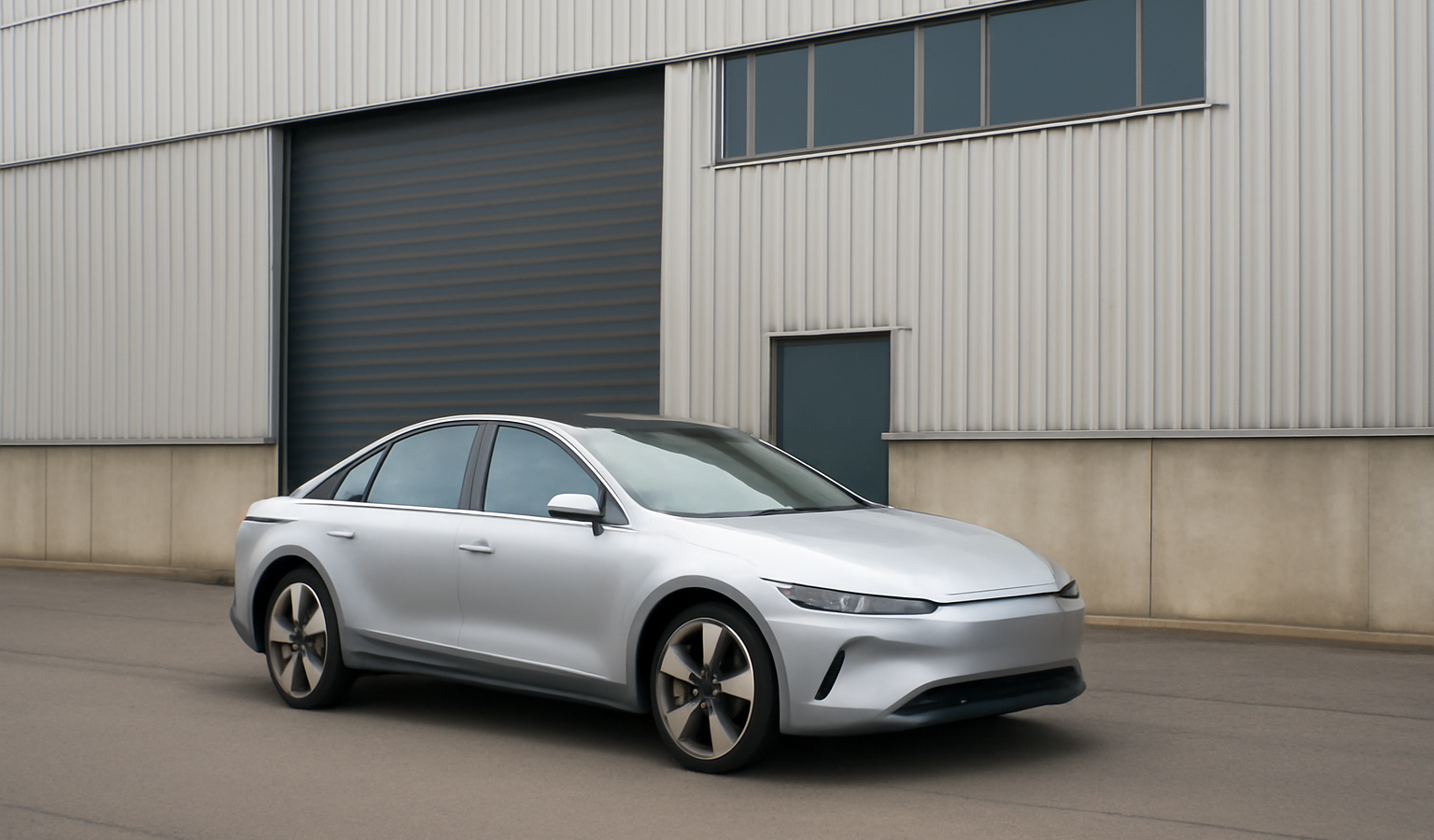 voiture electrique garée devant entrepôt d'entreprise
