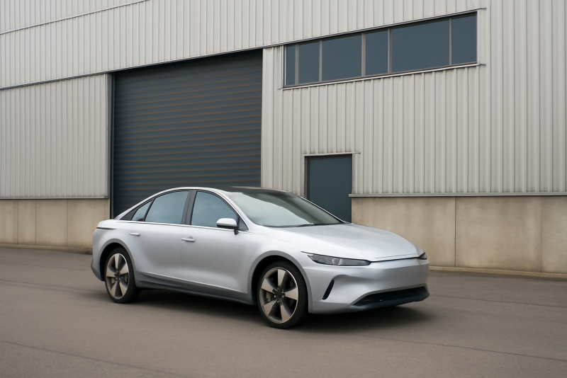 voiture electrique garée devant entrepôt d'entreprise
