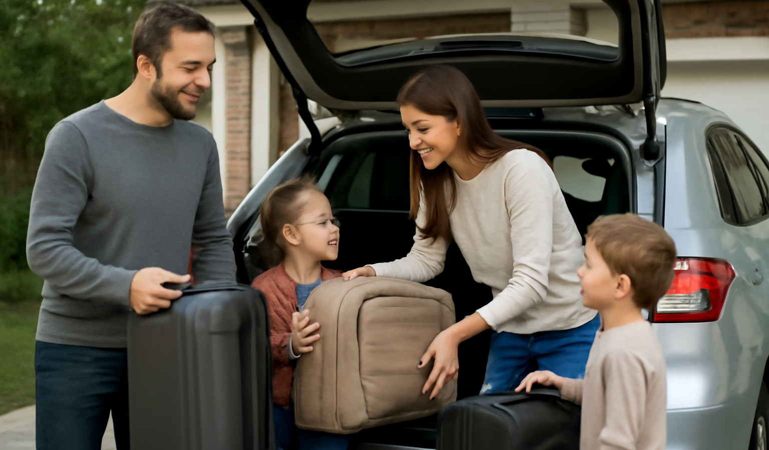 famille chargeant bagages dans coffre