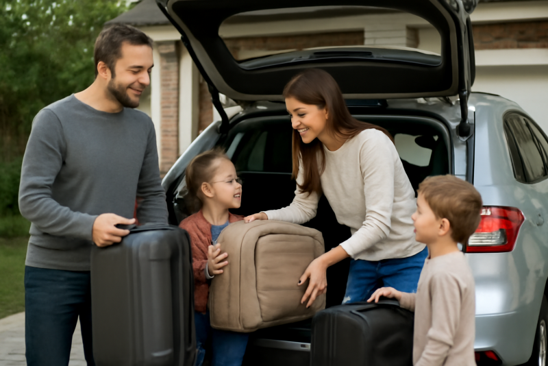 famille chargeant bagages dans coffre