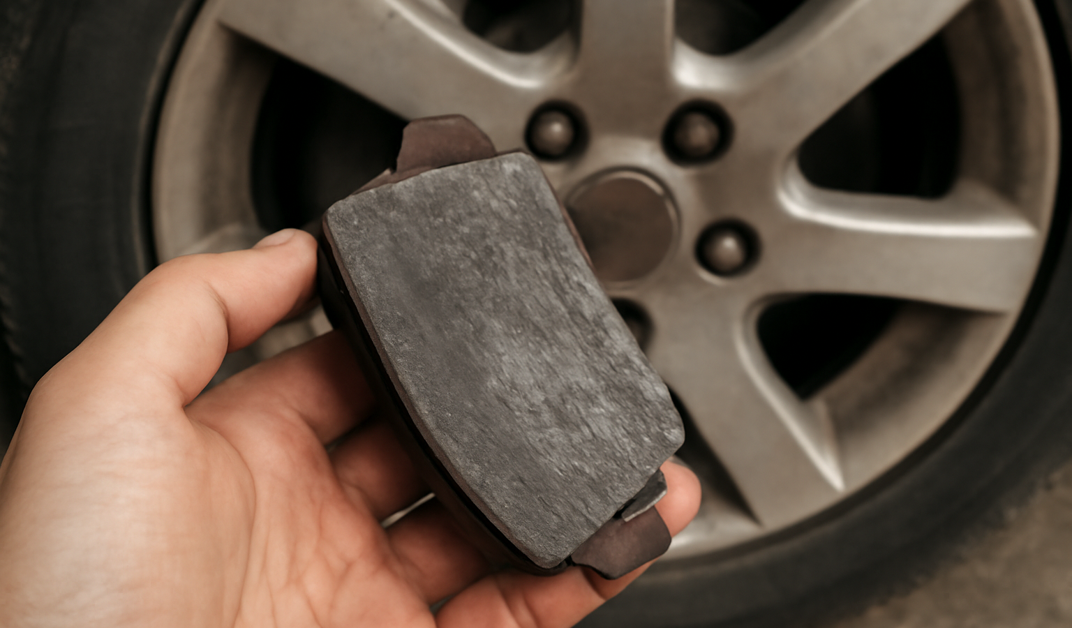 main montrant plaquette usée près roue