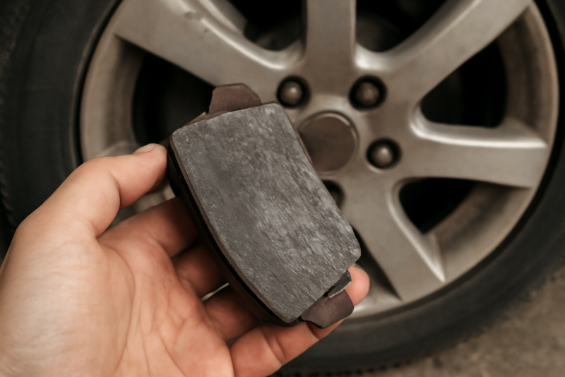 main montrant plaquette usée près roue
