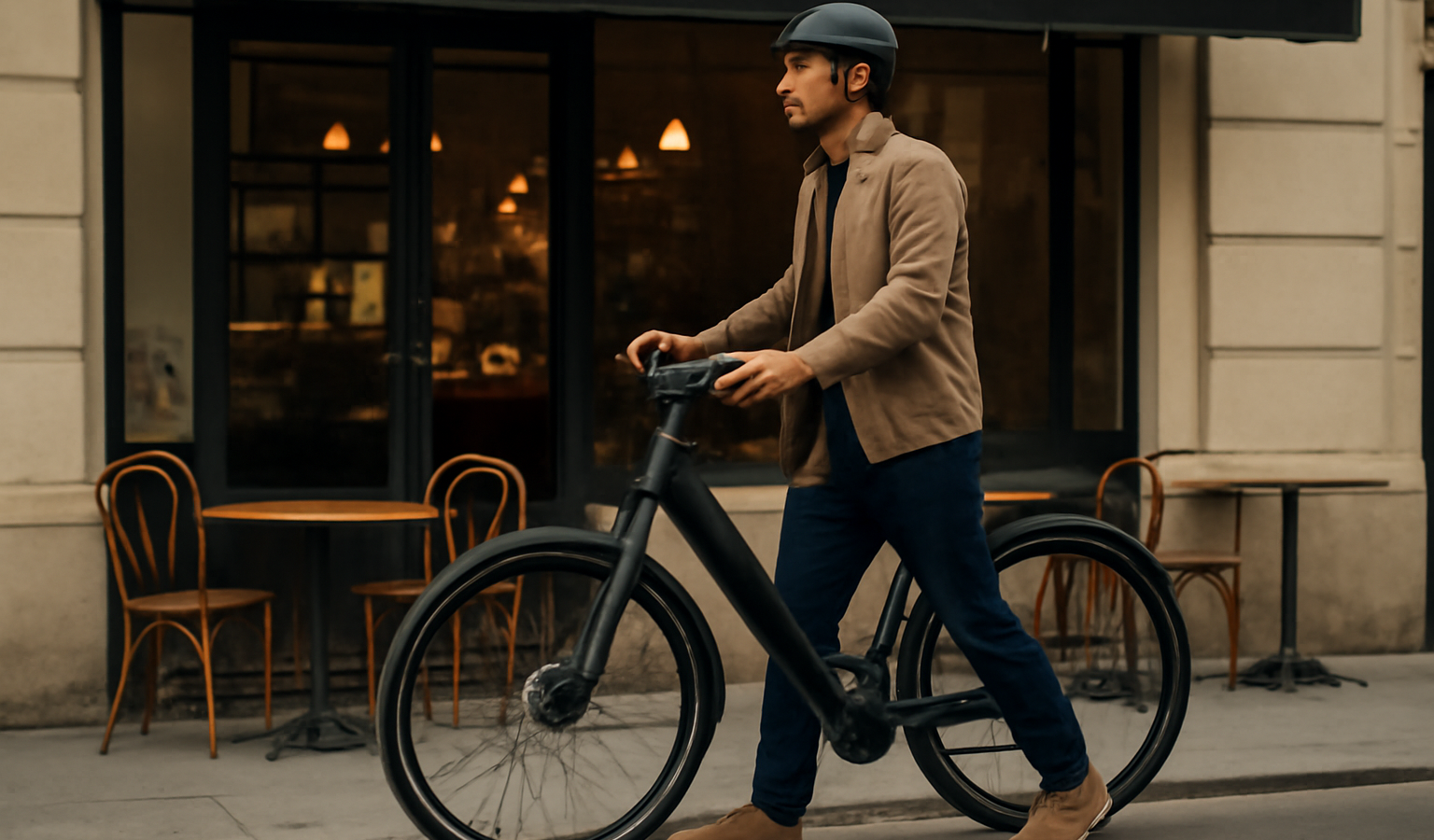 cycliste poussant vélo électrique urbain devant café