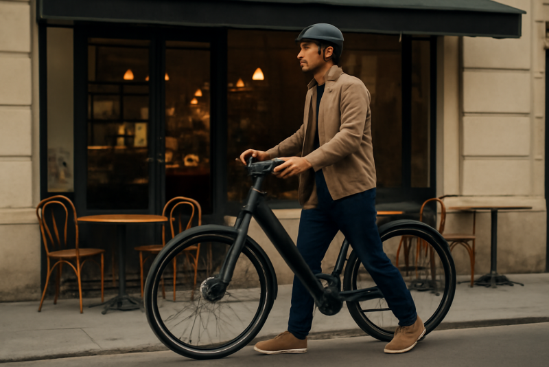 cycliste poussant vélo électrique urbain devant café