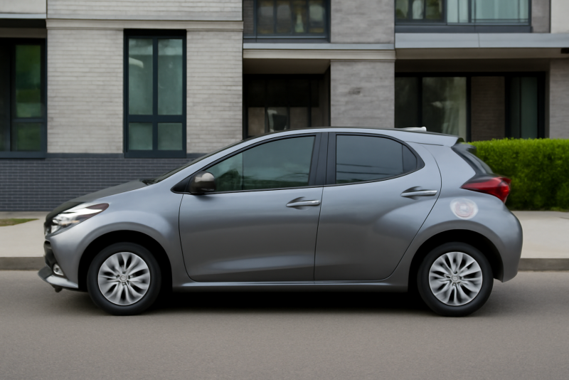 compacte hybride garée devant immeuble urbain