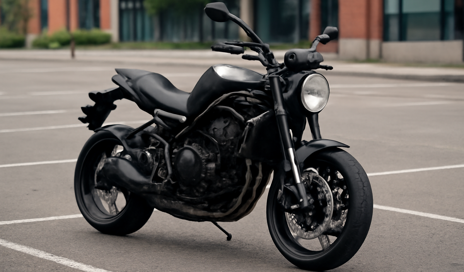 moto roadster stationnée sur parking urbain
