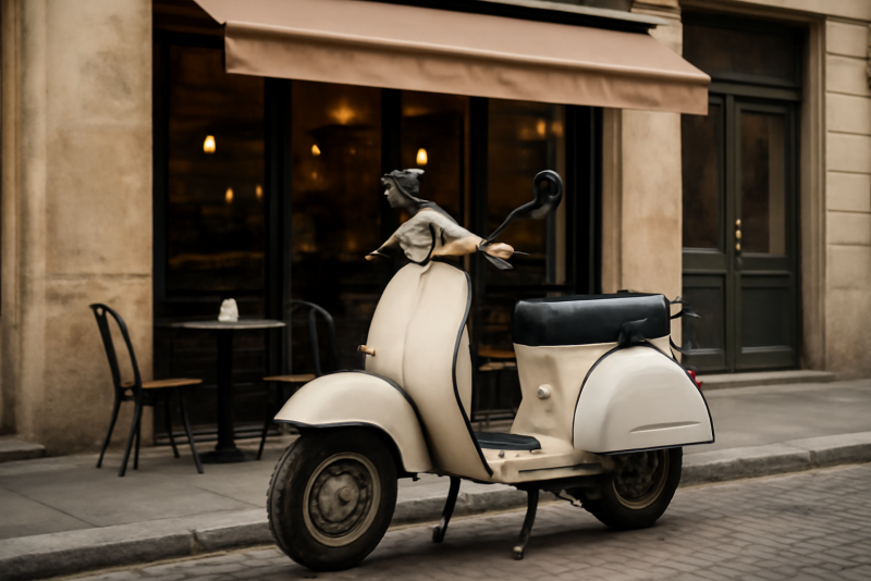 scooter gare devant cafe en ville