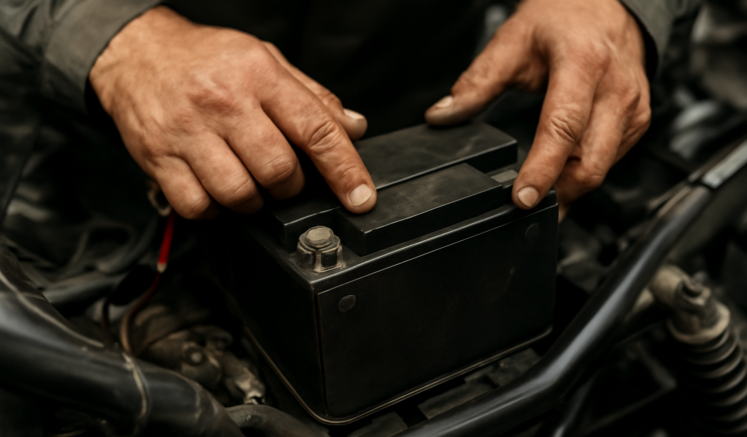 mains de mecanicien examinant une batterie de moto