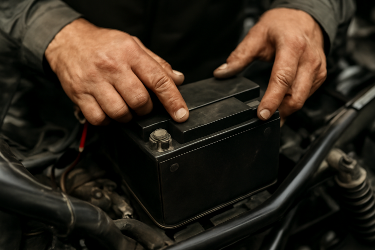 mains de mecanicien examinant une batterie de moto